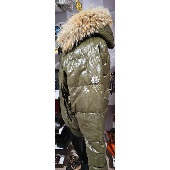 Moncler Down Hooded Jacket with Genuine Fur Olive Green - Picture 2 of 16